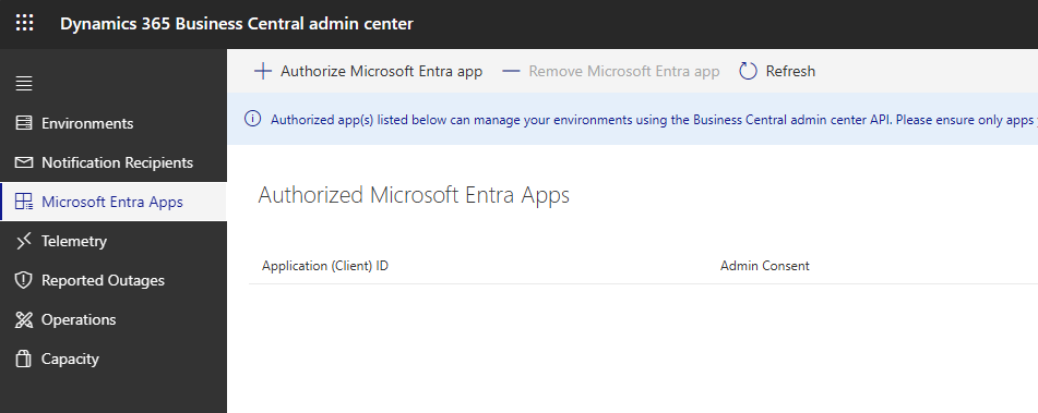 Business Central admin center, Microsoft Entra Apps: authorize your app registration's Client ID
