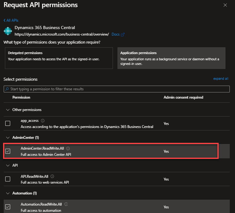 Azure app registration, Request API permissions: AdminCenter.ReadWrite.All and Automation.ReadWrite.All